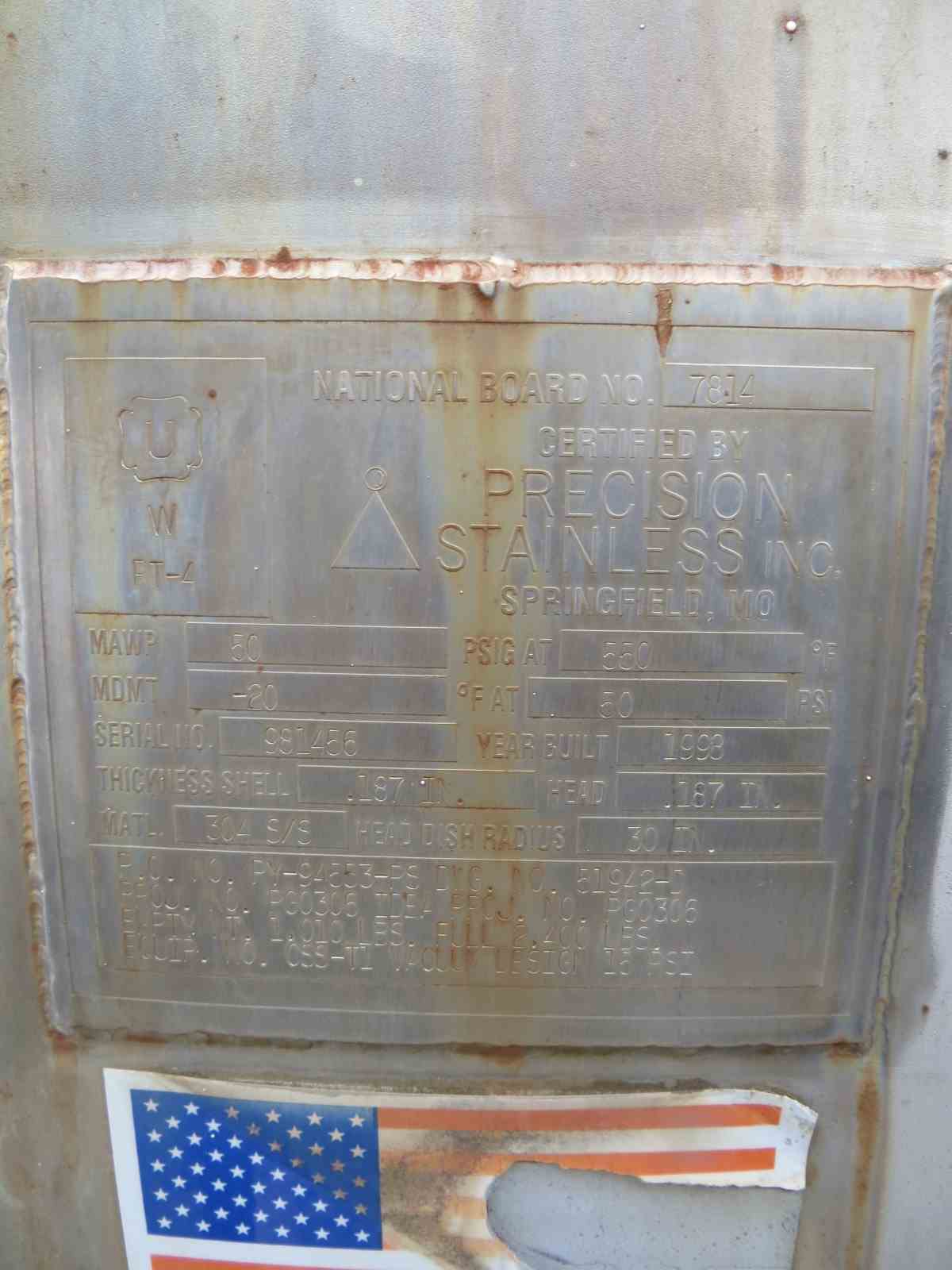 170 Gal Precision Stainless Inc Stainless Steel Tank 7359 New Used