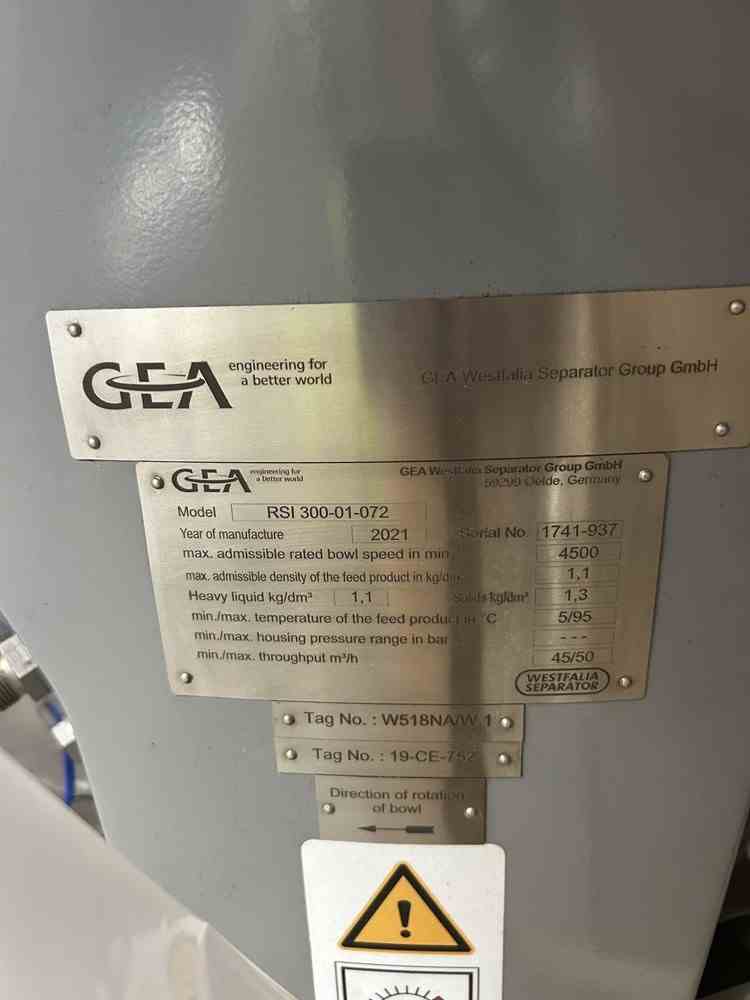75 HP GEA Westfalia RSI 300-01-072 Disc Centrifuge